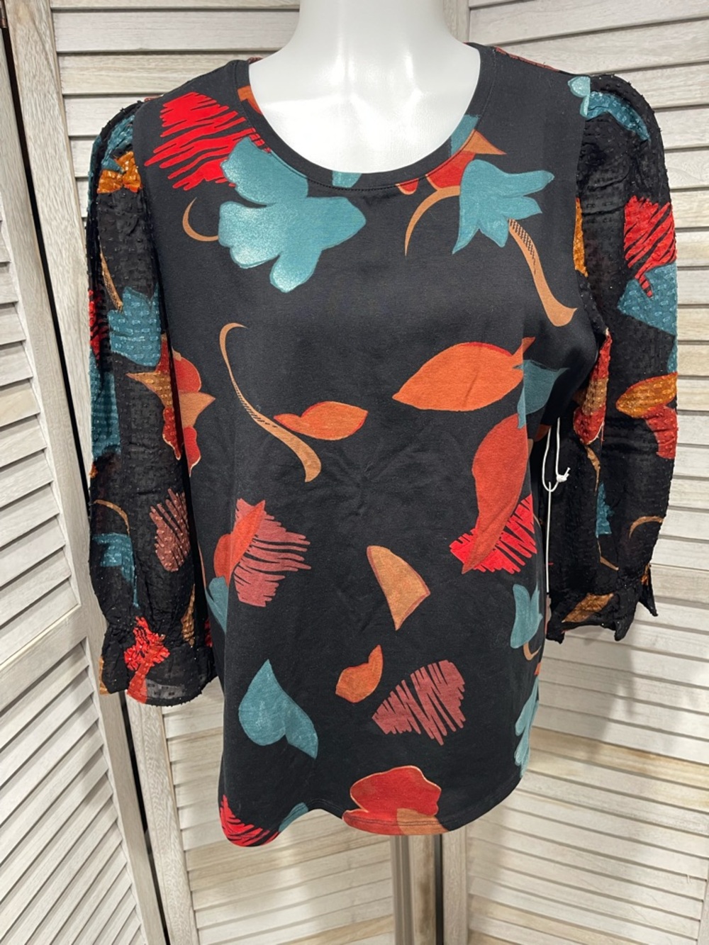 Chico's Black Floral Leaf Print Top with Puff Sheer Sleeves